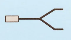A blank cloth notice connected to a geometric fork in a stitched path.