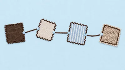 Four fabric swatches connected by a cocoa stitched line.